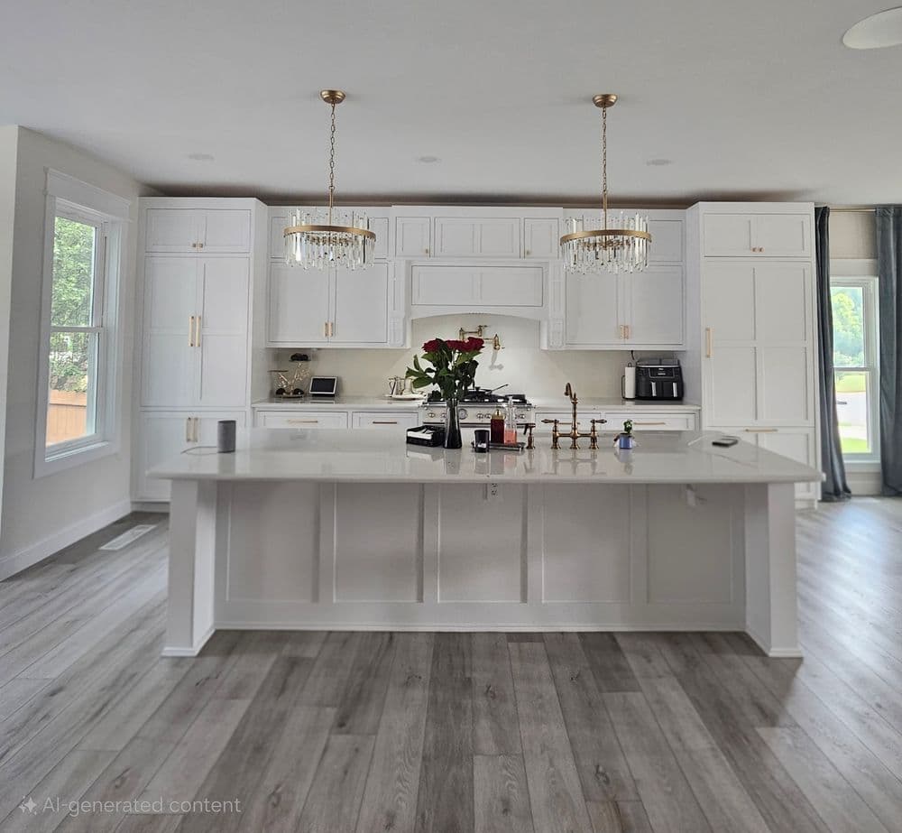 Modern white kitchen with island, pendant lights, and stylish decor. Bright and spacious design.