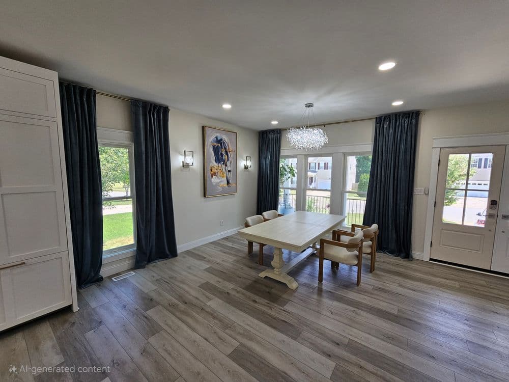 Modern dining room featuring a stylish table, elegant chandelier, and large windows for natural light.
