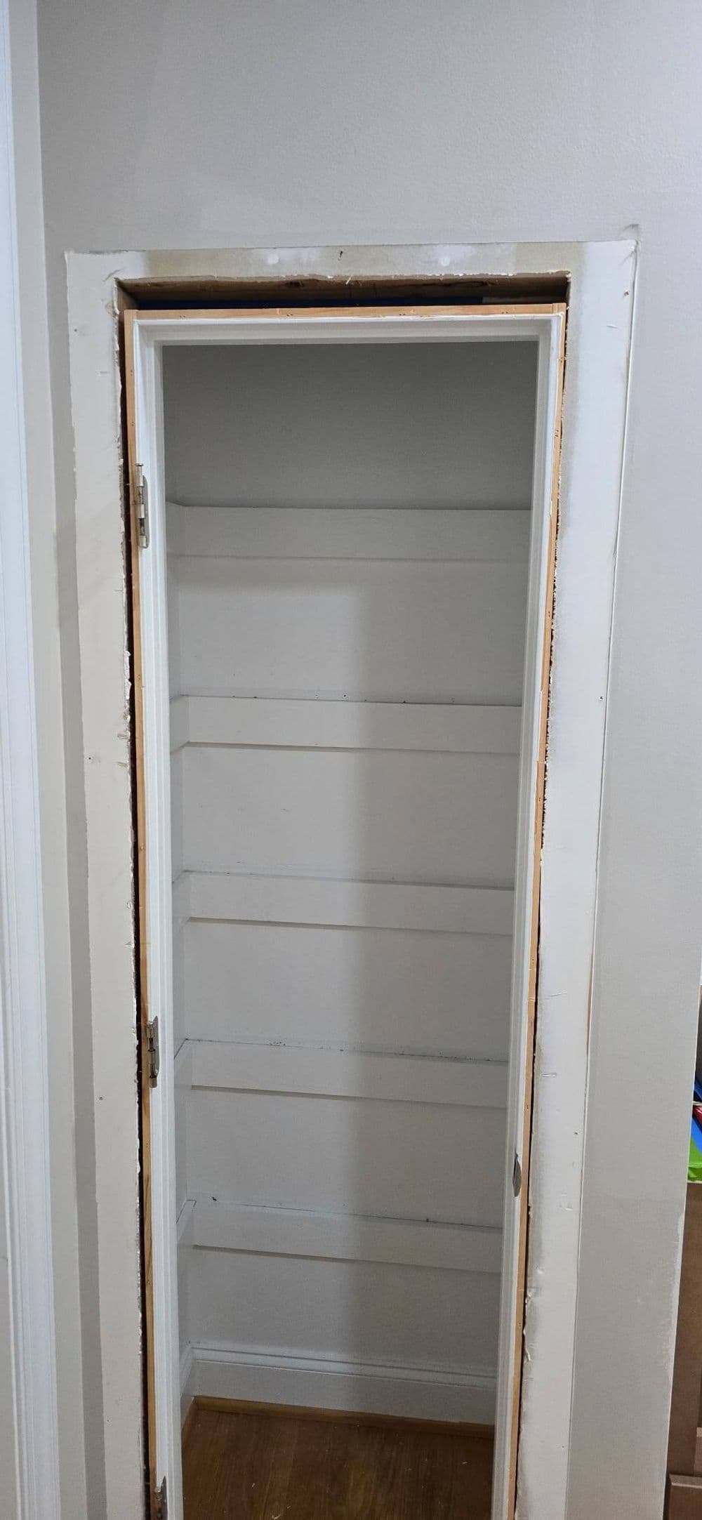 Empty closet with wooden shelves and a plain door, featuring unpainted edges.